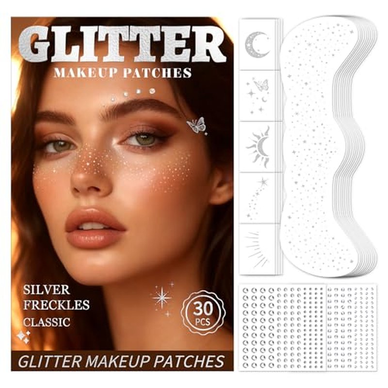 30PCS Glitter Freckles Face Tattoos & Face Gems Set, Classic Silver Glitter Temporary Tattoos for Valentine's Day Makeup, Fake Freckles Face Glitter for Women¡¯s Rave Outfits & Accessories
