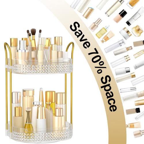 360 Rotating Makeup Organizer 2 Tier, Large Skincare Clear Make Up Storage Spinning Perfume Organizers for Bathroom Counter Dresser, White