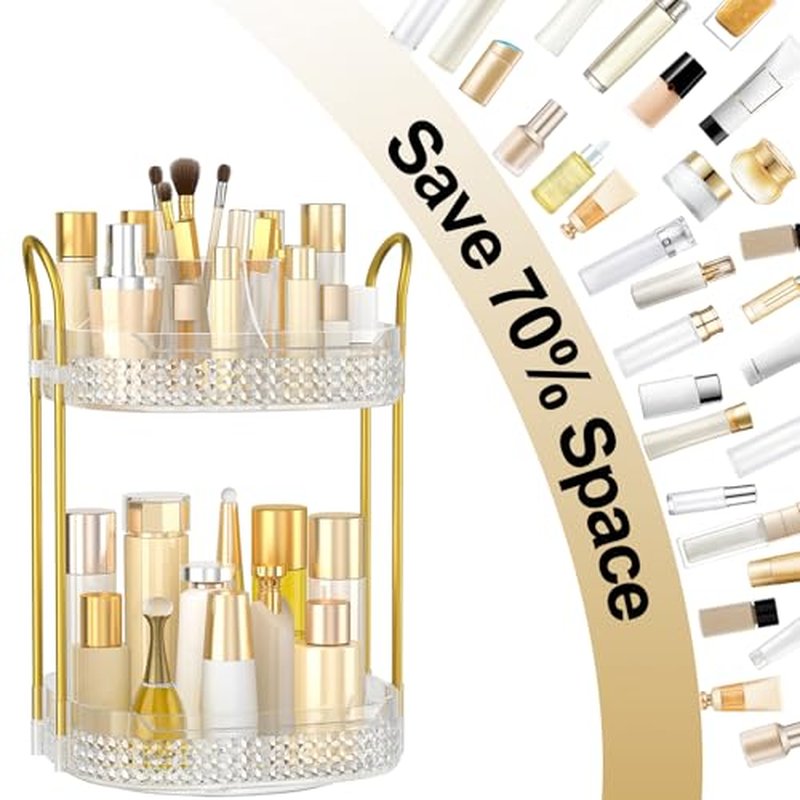 360 Rotating Makeup Organizer 2 Tier, Large Skincare Clear Make Up Storage Spinning Perfume Organizers for Bathroom Counter Dresser, White