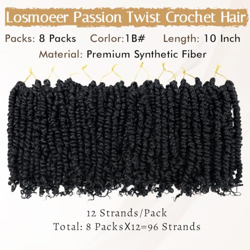 8 Packs Passion Twist Hair 10 Inch 1B Pre-Twisted Crochet Braids - Soft Lightweight Natural Look