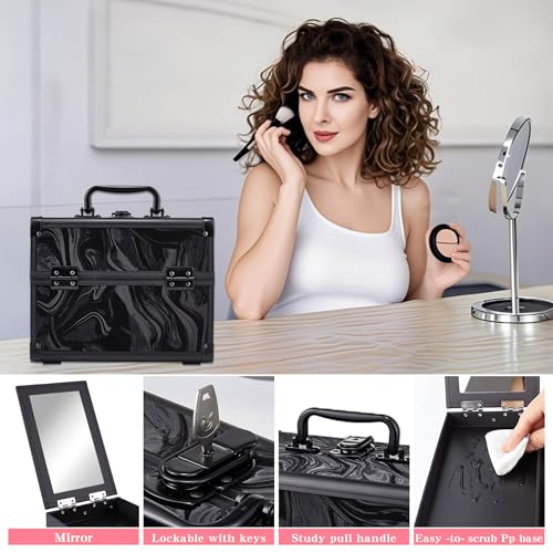 Portable Makeup Train Case with Mirror & 2 Trays - Black Pattern, Travel Cosmetic Organizer