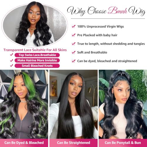 Body Wave Lace Front Wig - Human Hair, Pre Plucked, HD Transparent Lace, 200% Density, 30 Inch, Natural Black