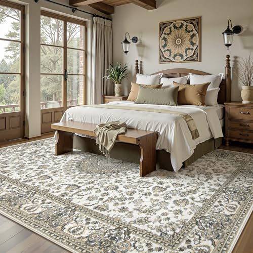 Zomfy Beige Brown 8x10 Vintage Floral Area Rug Non-Slip Washable Carpet for Living Room