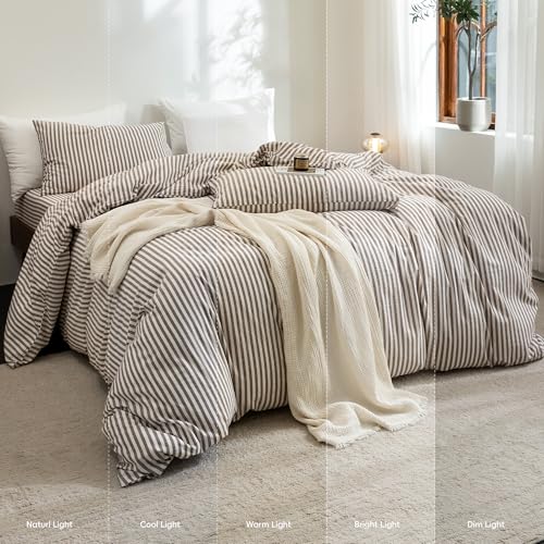 Striped Cotton Linen Feel Duvet Cover Set King Cocoa Brown Variation