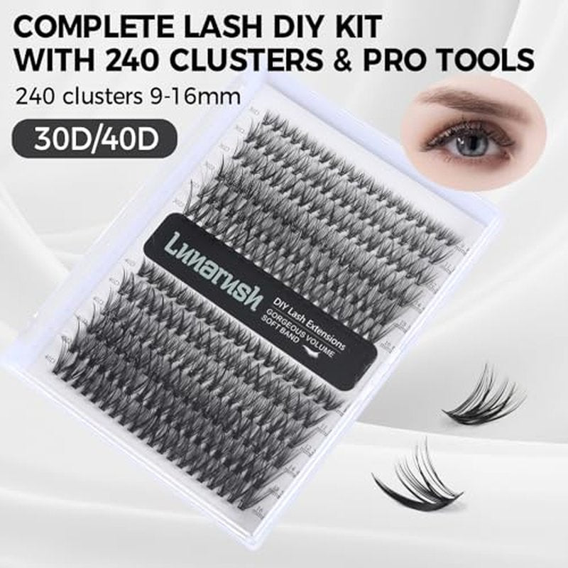 Lash Extension Kit DIY 240pcs Lash Clusters Eyelash Extension Kit, 9-16mm 30D 40D Individual Lashes Kit,Lashes Lash Bond and Seal Tweezers(30D 40D KIT)