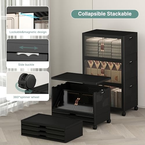 48QT Lockable Plastic Storage Bins - Collapsible & Stackable with Wheels - 3 Pack - Dark