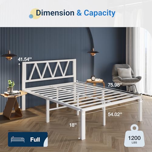 Full Size Bed Frame with Headboard - White Metal Platform, 18 Inch Height, Heavy Duty Slats, Easy Assembly, No Box Spring Needed - Variation of This Listing
