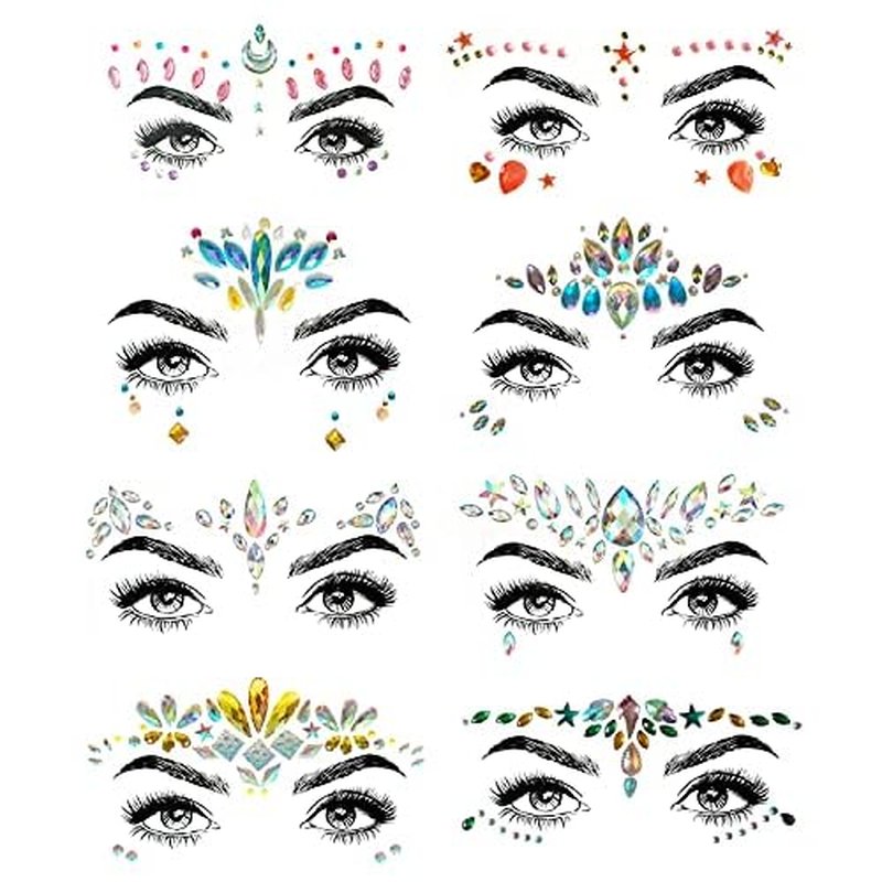 8 PCS Mermaid Face Gems Glitter, Rhinestone Rave Festival Stickers Jewels, Crystals for Eyes Body Temporary Tattoos