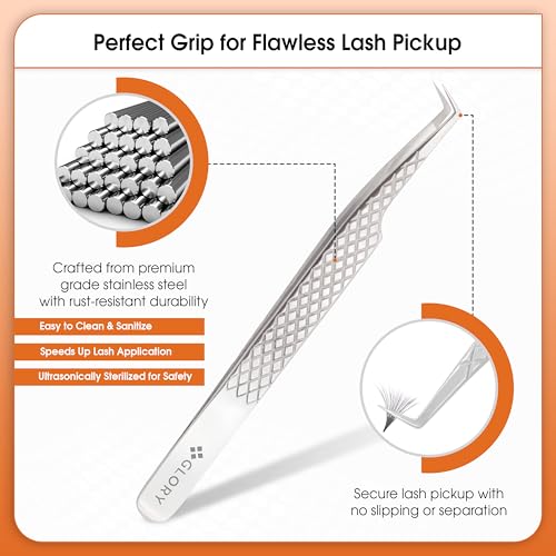 Glory 90 Degree Angle Lash Tweezers for Eyelash Extensions ? Precision Fiber Tip Diamond Grip Stainless Steel Lash Tool for Mega Volume, Classic & Professional Lash Tech Supplies
