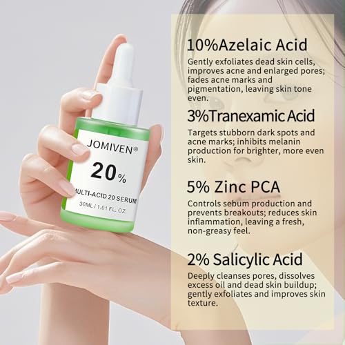 Multi-Acid 20% Serum-10% Azelaic Acid & 3% Tranexamic Acid - 5% Zinc PCA & 2% Salicylic Acid - 20% Active Formula for Blemish Care, Visible Post-Acne Marks & Texture Refining