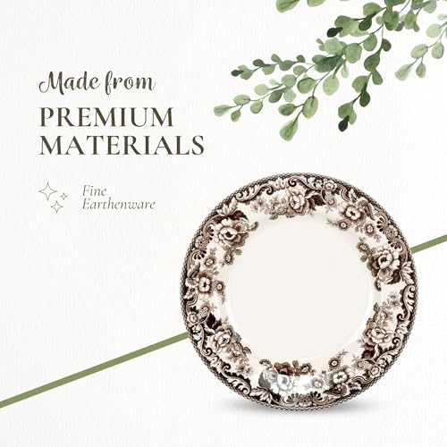 Dinner Plate Set of 4 - 10.5 Inch White and Brown Earthenware, Microwave & Dishwasher Safe | Delamere Pattern