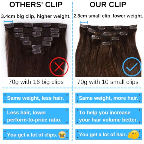 GEELOOK Clip-in Hair Extensions Remy Human Hair 18 Inch 70g #4/27 Chocolate Brown Light Blonde
