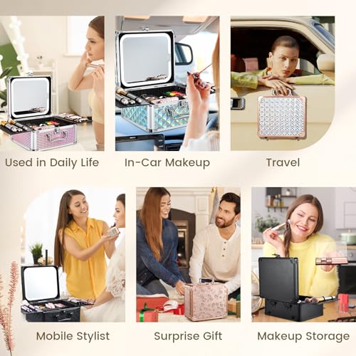Black Checkerboard Makeup Bag with LED Mirror, Travel Organizer Case with 3-Color Light, 6 Dividers