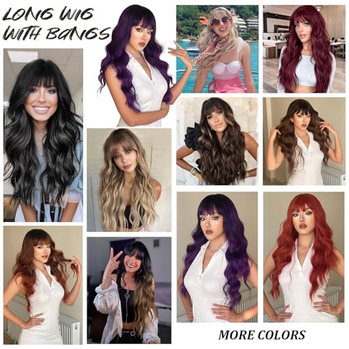 Ombre Purple Long Wavy Wig with Bangs for Women, 26 Inches, Heat-Resistant Synthetic Hair, Daily & Party Use