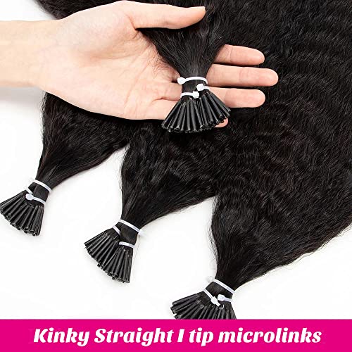 16 Inch Curly I Tip Human Hair Extensions - Pre Bonded Micro Beads, 50g, Kinky Straight Remy Hair for Women - Variation #1B-KS