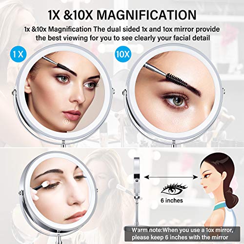 8" Lighted Makeup Mirror, 10X Makeup Mirror with Lights, Double Sided Dimmable Magnifying Mirror with Light, Rechargeable and Brightness Adjustable, Cordless Vanity Mirror with Lights