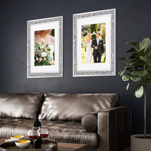 ALLARTONLY 16x20 Inch Crushed Diamond Photo Frame Set - Silver Wall Picture Frames with Mat for 11x14 Photos, 2 Pack