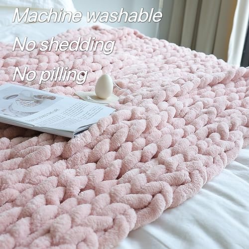 Chenille Chunky Knit Throw Blanket - Handmade Light Pink 60x80 Inches