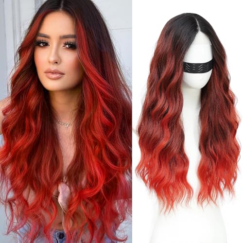 Beelu Ombre Red Curly Lace Wig for Women 26 Inch Long Middle Part Synthetic Hair