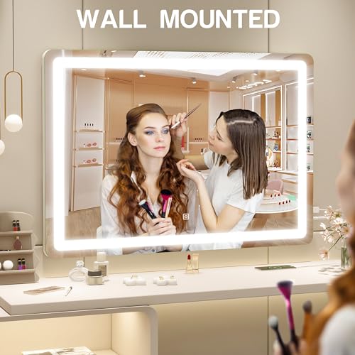 Large 32x22 Inch Lighted Vanity Mirror with Dimmable LED, Touch Control & USB - White