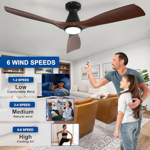 Depuley 52-Inch Walnut Flush Mount Ceiling Fan with Lights & Remote - Low Profile Indoor Outdoor