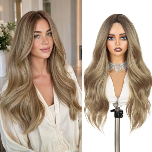 Ombre Blonde Wigs for Women Long Curly Wavy Synthetic Heat-Resistant Hair with Middle Part - Brown Blonde Variation