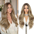 Ombre Blonde Wigs for Women Long Curly Wavy Synthetic Heat-Resistant Hair with Middle Part - Brown Blonde Variation