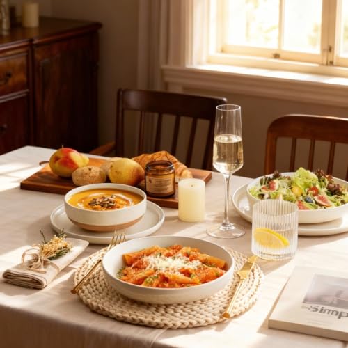 Light Beige Dinnerware Set for 6 - 18 Pieces Ceramic Plates & Bowls
