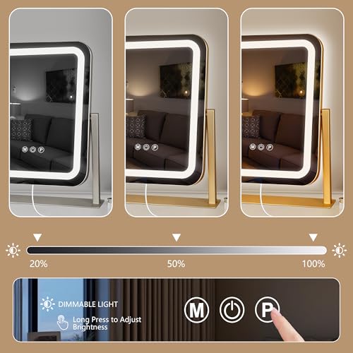 Gold Vanity Mirror with Lights 15"¡¿13", Led Makeup Mirror, Lighted Makeup Mirror with 3 Color Dimmable Lights, Smart Touch Screen Control, 360¡ÆRotation