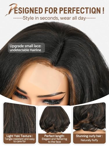 Highlight Brown Short Yaki Curly Wig 10 Inch Natural Wave Bob Hair