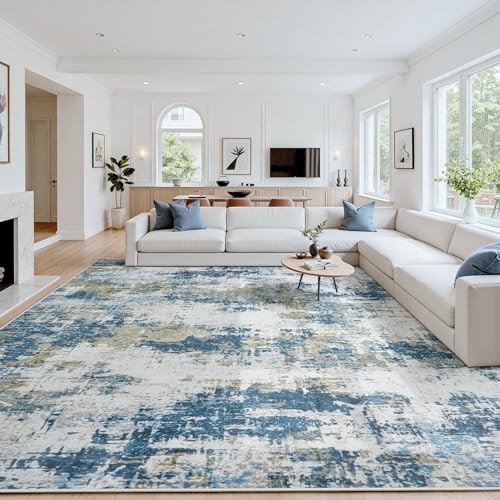 Blue 9x12 Washable Area Rug for Living Room - Soft Abstract Bedroom Carpet