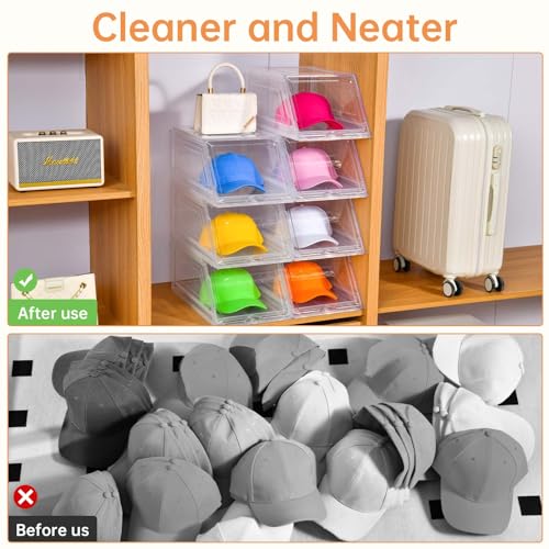 4 Pack Stackable Clear Hat Organizer for Baseball Caps with Sliding Drawer