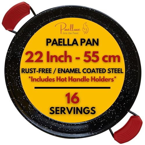 22 Inch Enamelled Steel Paella Pan with No-Rust Carbon Steel Skillet - 16 Servings