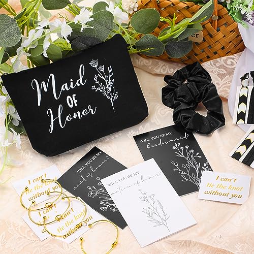 Cunno 48 Pcs 8 Sets Bridesmaid Proposal Gifts Bulk Wedding Will You Be My Maid of Honor Matron of Honor Bridal Shower Makeup Bags Scrunchies Bracelets Cards for Wedding Bridesmaids(Black)