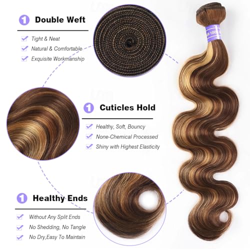 14-16-18 Inch Honey Blonde Ombre Human Hair Bundles - Body Wave, 3 Pack, 12A Virgin Remy