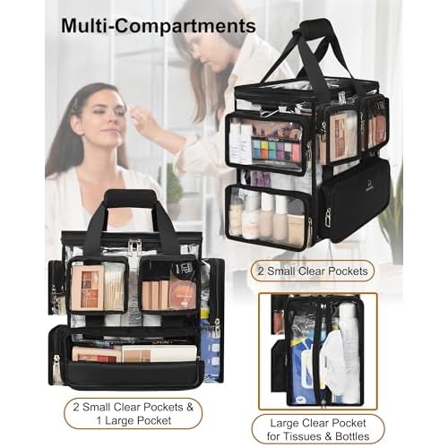 Relavel Large Clear Makeup Bags, Professional Makeup Artist Kit Set Bag with Removable Dividers, Travel Cosmetic Organizer Hairstylist Traveling Bag Transparent PVC Work Tote Bag Duffle Bag for Women