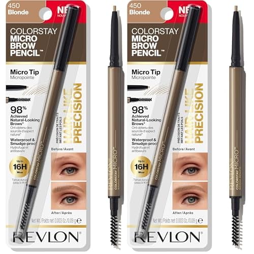 Revlon ColorStay Micro Eyebrow Pencil with Built In Spoolie Brush, Infused with Argan and Marula Oil, Waterproof, Smudgeproof, 450 Blonde, 0.003 oz (Pack of 2)
