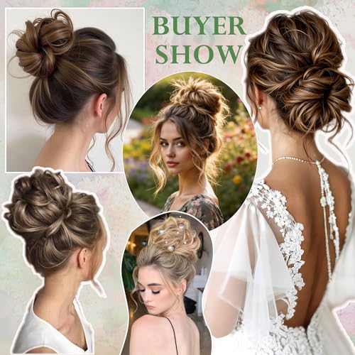 Human Hair Messy Bun Hairpiece with Highlighted Dark Brown and Honey Blonde Variation 4RP27 / L
