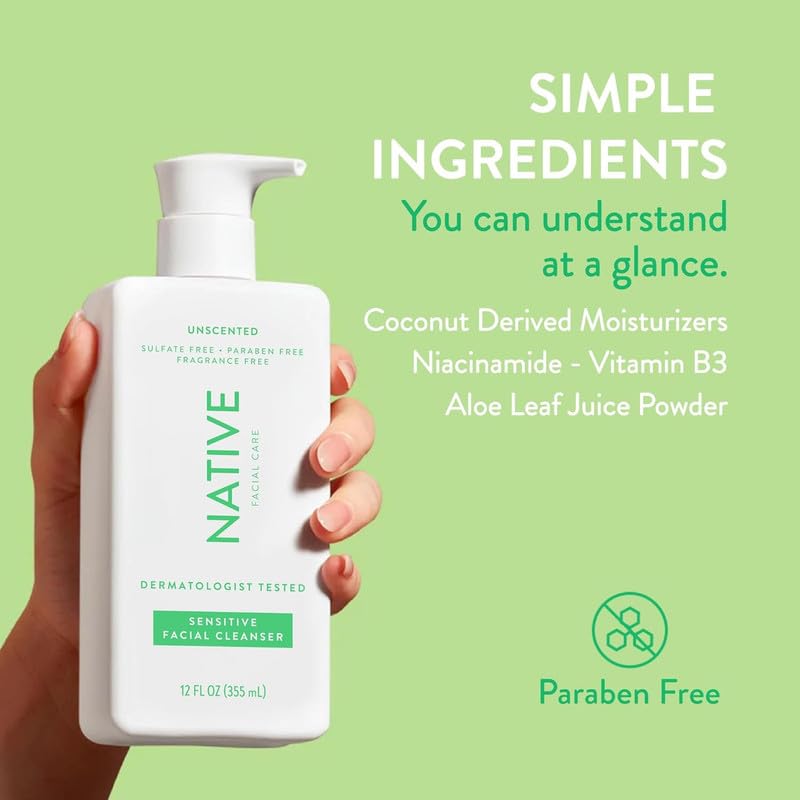 Native Sensitive Face Wash Unscented - Daily Facial Cleanser with Aloe & Vitamin B3 (2 Pack)