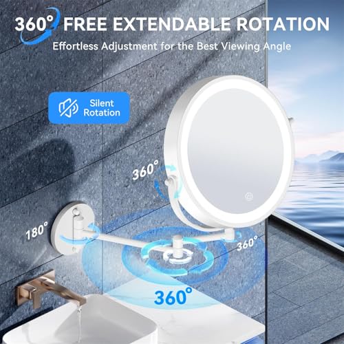9'' 30X/1X Wall Mounted Lighted Makeup Mirror, 5000mAh Rechargeable Double-Sided Magnifying Mirror with Light, Vanity Mirror Touch Dimmable 3 Colors 360¡Æ Rotation Extended Foldable Arm, Power Adapter