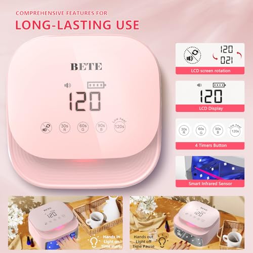 BETE 60W Cordless UV LED Nail Lamp - Rechargeable Gel Polish Dryer with Auto Sensor, 4 Timer Settings - Pink