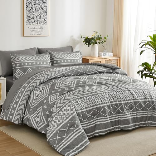 Yiran King Size Boho Aztec Comforter Set - 7 Piece Bed in a Bag, Grey
