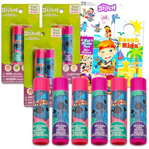Stitch Lip Balm Tube Bundle for Girls ? 6 Pack of Stitch Lip Balm in Assorted Flavors Plus Stickers, More | Stitch Party Favors