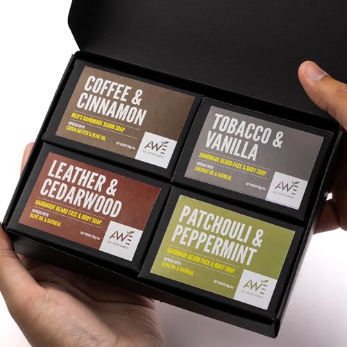 Men¡¯s Moisturizing Scrub Soap Set of 4 Handmade Natural Bars Rugged Masculine Scents Deep Cleanse Hydrate Nourish Face Beard Body (Option 2)