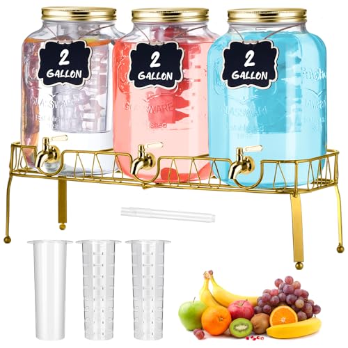 Glass Drink Dispenser with Stand and Lid - 2 Gallon Capacity - Gold - Set of 3