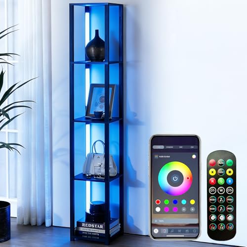 Black RGBWC Floor Lamp with Shelves - Smart Color Changing & Music Sync