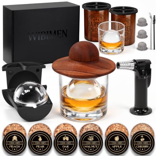 Whiskey Smoker Kit with Torch, 2 Clear Ice Ball Molds & Glasses - Wood Grain Variation