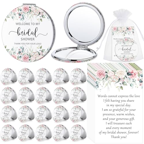 XunYee 50 Sets Bridal Shower Favors for Guests Flower Design Makeup Mirrors Leather Compact Mirrors Bridal Thank You Cards with Organza Bags Bridesmaid Gifts Wedding Party Favors Supplies (Pink)