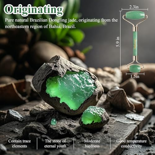 Smooth Face Roller - 100% Natural Brazilian Dongling Jade Massager for Puffy Eyes - Quiet Integrated Frame - Beauty Tool with Gift Packaging