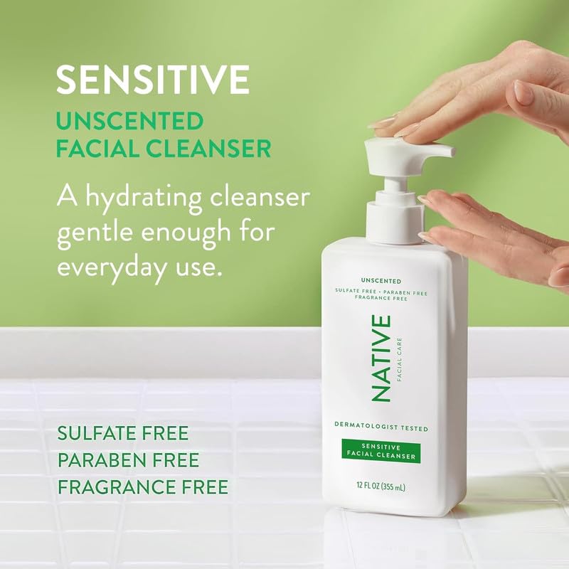 Native Sensitive Face Wash Unscented - Daily Facial Cleanser with Aloe & Vitamin B3 (2 Pack)